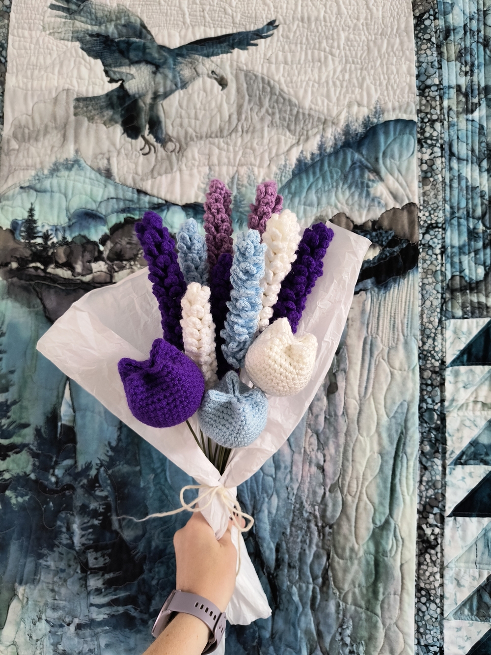 Handmade Crochet Flower Bouquet in Purple, Blue & White